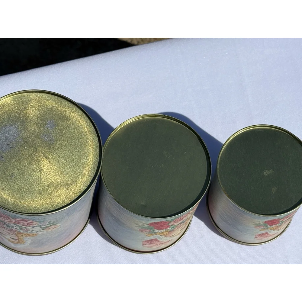 Vintage Metal Round 3 Tin Canister Victorian Women Girl Pink Floral Bonnet